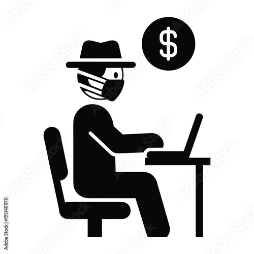 Cyber criminal hacker wearing mask and hat stealing money using laptop computer for online fraud and scamming