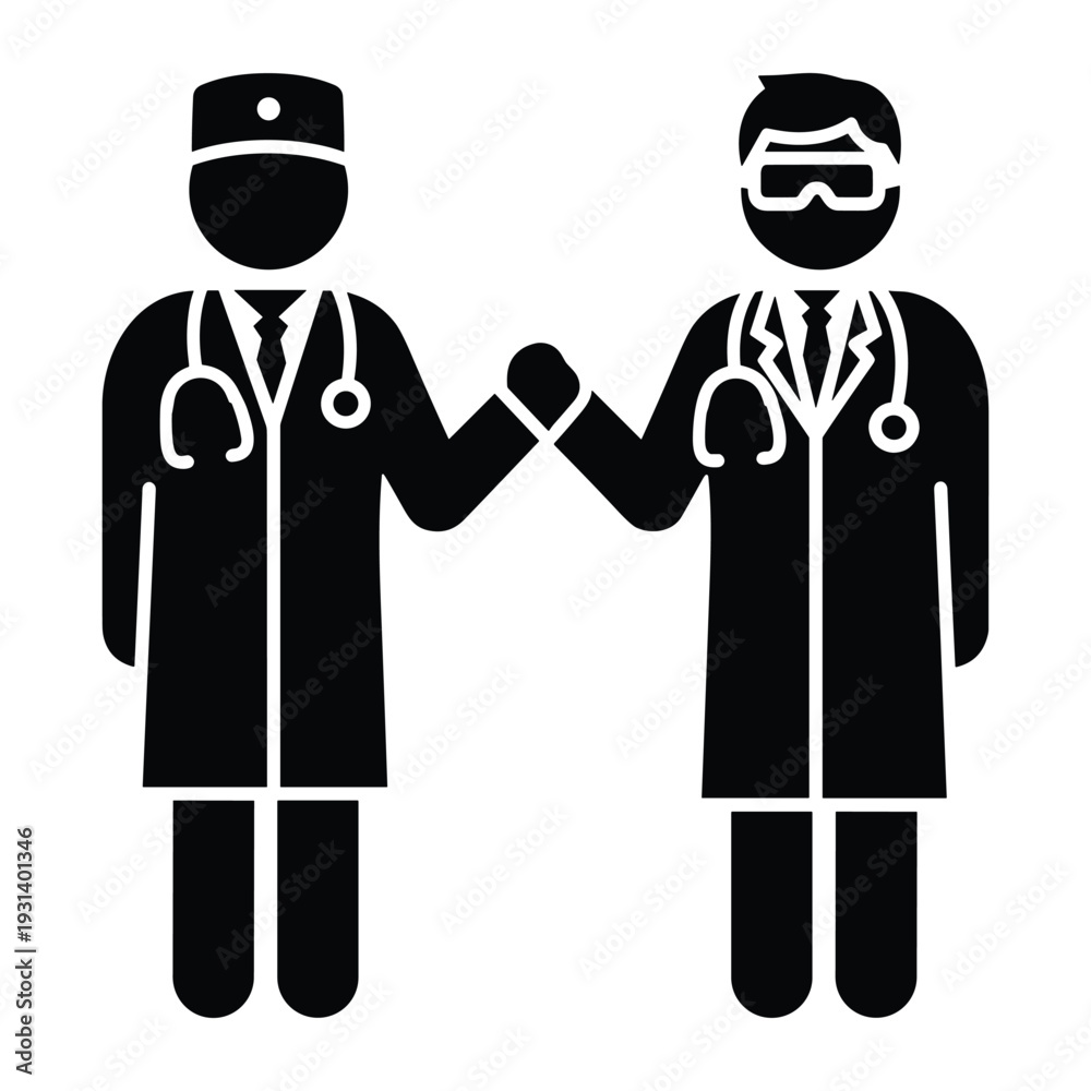 Fototapeta premium Two medical doctors shaking hands or fist bumping representing teamwork collaboration partnership and professional healthcare hospital clinic