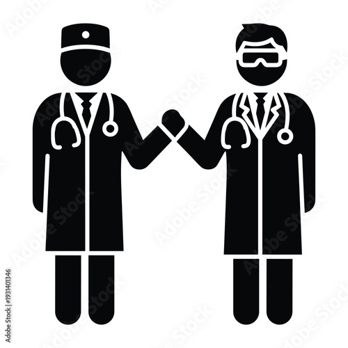 Two medical doctors shaking hands or fist bumping representing teamwork collaboration partnership and professional healthcare hospital clinic