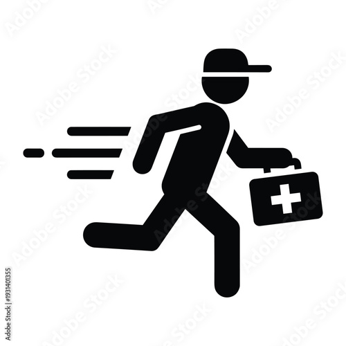 Running paramedic or doctor carrying a first aid kit for emergency medical response and fast healthcare assistance