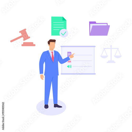 Evidence Presentation, presenting proof effectively in court, Flat vector character illustration