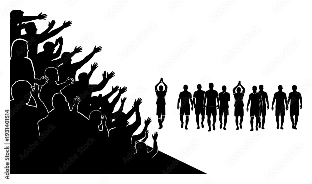 Fototapeta premium Silhouette of cheering fans in stadium stands watching soccer team players