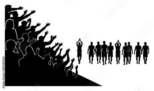 Silhouette of cheering fans in stadium stands watching soccer team players