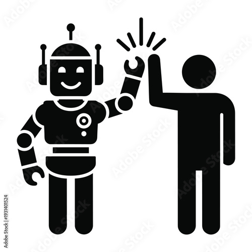 Robot and human giving high five representing collaboration partnership teamwork technology innovation future cooperation friendship and digital interaction