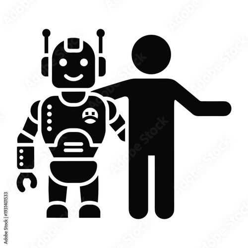 Human and robot partnership icon showing collaboration between mechanical machines and people for future technology and business solutions