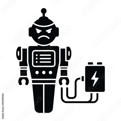 Angry robot character connected to external battery pack with charging cable and lightning bolt power symbol icon