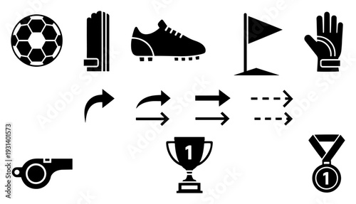 Collection of soccer equipment icons and sports award symbols in silhouette style