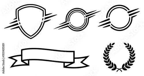 Set of hand drawn sports heraldry elements including shields laurel wreath and banners