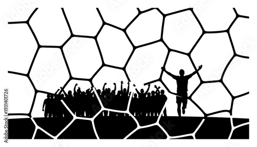 Silhouettes of cheering sports fans seen through a soccer ball pattern background