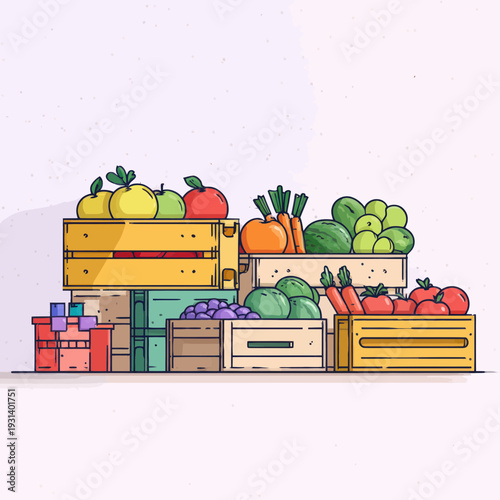 Fresh Produce in Wooden Crates at Market Display