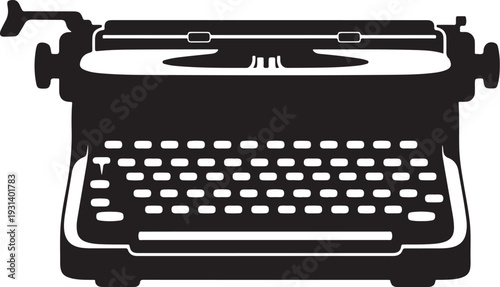 Vintage typewriter, black silhouette, writing tool, office equipment, retro vector icon