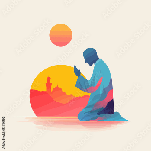 Man praying at sunset in Islamic landscape