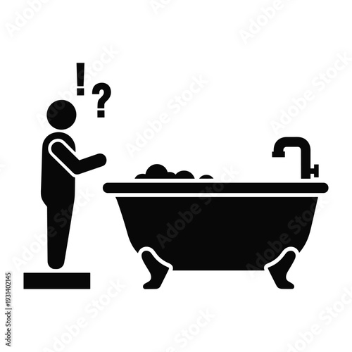 Man standing by bathtub with question and exclamation marks showing confusion about bath water or plumbing issues