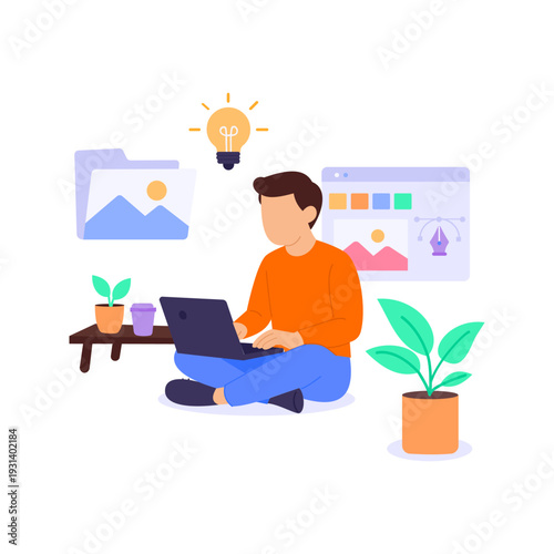 Freelance Graphic Designe, working independently on creative projects, Flat vector character illustration