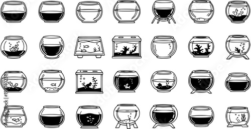 Collection of Fish Bowls and Aquariums: Black and White Vector Icons
