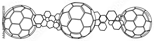 Horizontal border design featuring three soccer balls connected by decorative hexagonal geometric shapes