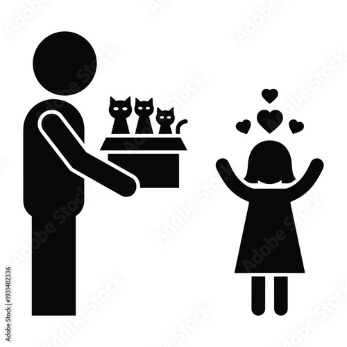 Man giving box of kittens to happy young girl with hearts above her head silhouette vector icon