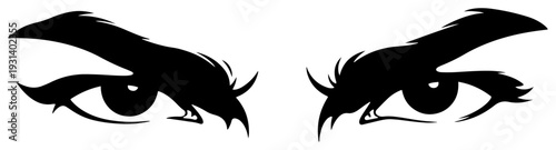 Intense and determined human eyes with expressive eyebrows in graphic silhouette style