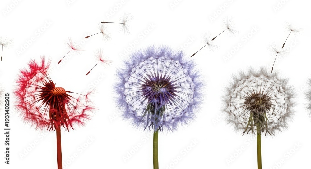 Obraz premium Three dandelions in different stages of dispersing seeds