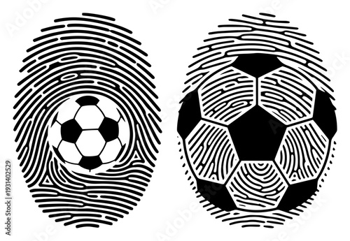 Conceptual black and white soccer ball fingerprint silhouettes for sports fans