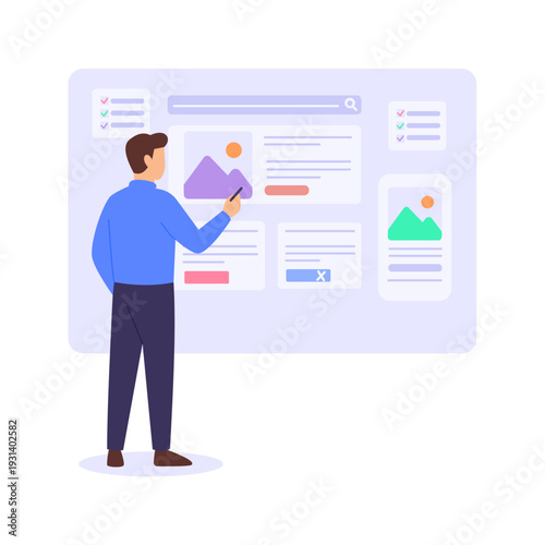 UX Wireframing, planning user interface layouts strategically, Flat vector character illustration
