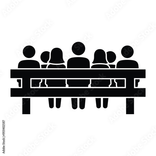 Black silhouette of diverse group of people sitting on wooden park bench viewed from the back side