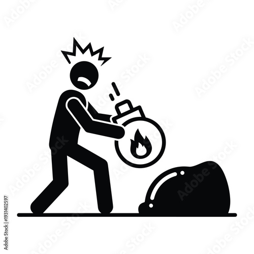 Stick figure man pouring flammable liquid from fuel can onto fire pile causing dangerous situation and panic