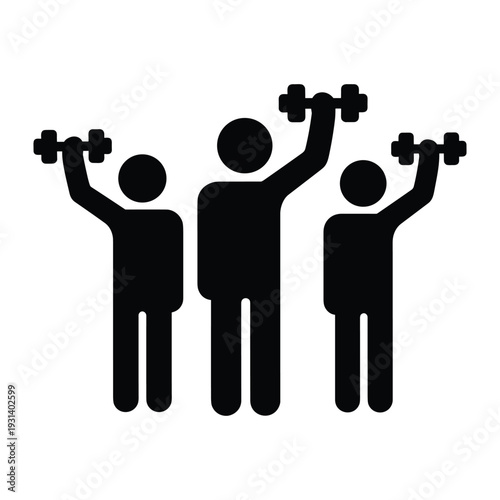 Three people lifting dumbbells in a gym workout session representing fitness health strength training and group exercise