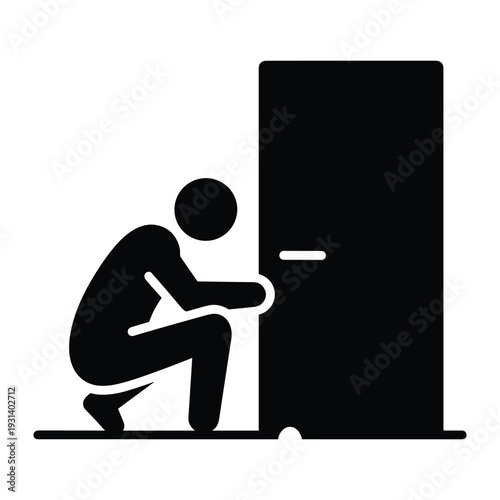 Man kneeling in front of a door looking through a keyhole or repairing a lock mechanism icon