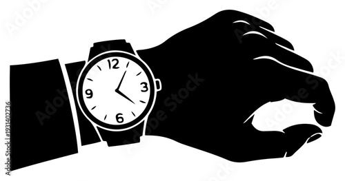Silhouette of a man hand wearing a classic wristwatch isolated on white
