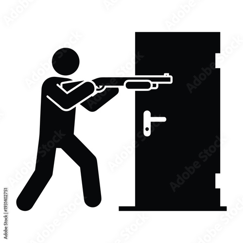 Stick figure man aiming shotgun at a closed door for home defense or tactical police entry icon
