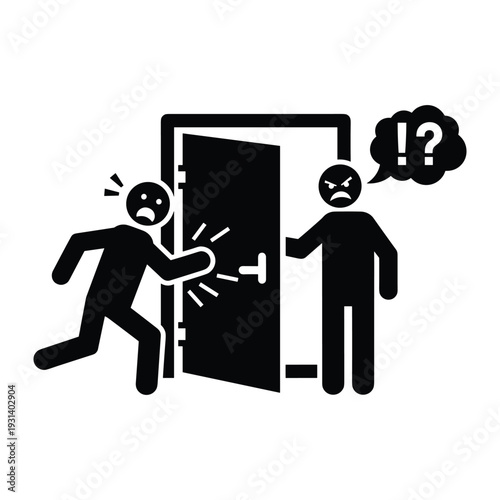 Stick figure man accidentally slamming door on another person hand causing pain and anger in domestic conflict