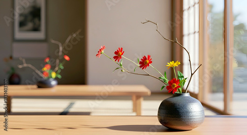  A serene Japanese room interior featuring an elegant flower arrangement (ikebana) as a focal point. Minimalist design, natural materials, and soft light create a peaceful Zen atmosphere.