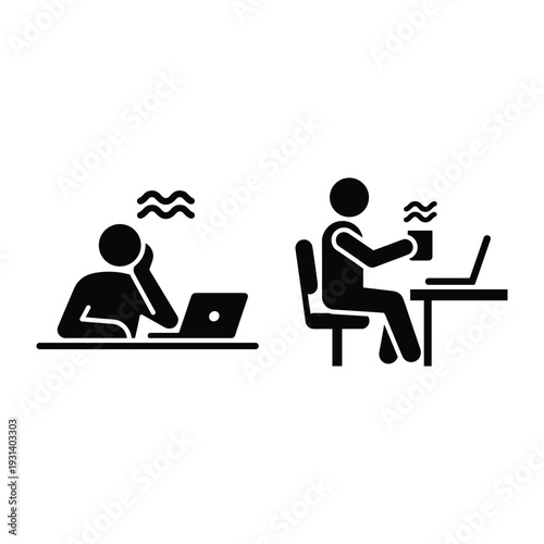 Tired office worker at laptop versus productive employee drinking coffee at desk with computer and hot beverage