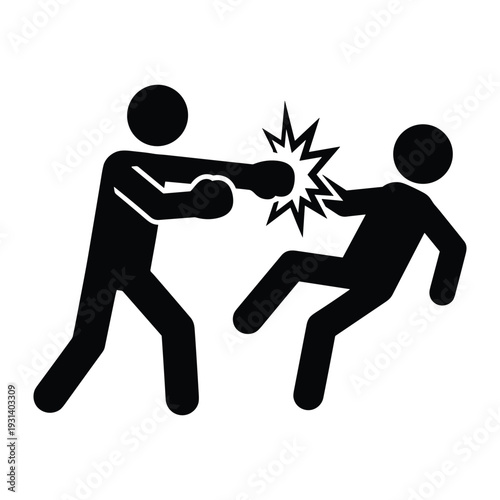 Stick figure man punching another person in the face with impact star symbol representing physical fight violence conflict
