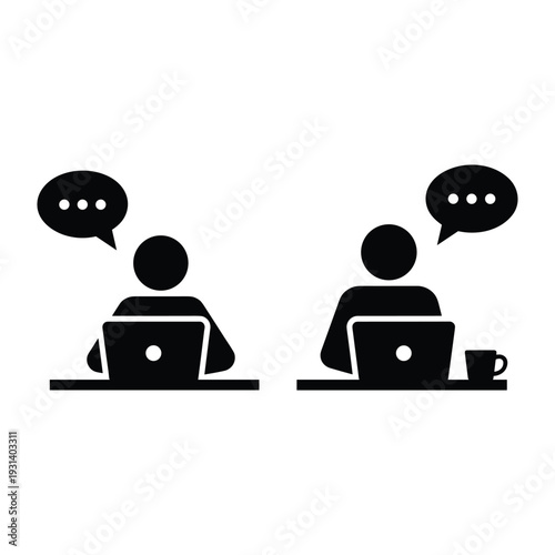 Two people working on laptops at desks with speech bubbles representing online communication and remote collaboration office