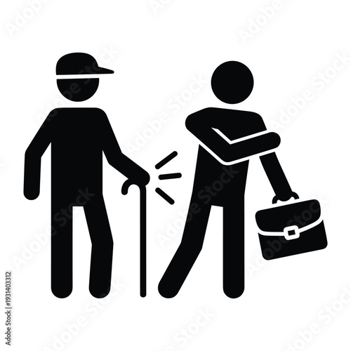 Elderly man with walking cane accidentally bumping into busy businessman carrying briefcase in public space vector icon