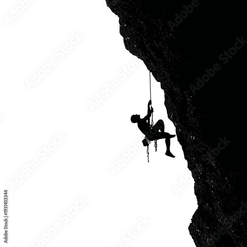 Silhouette of a climber hanging from a rope on a rock face.