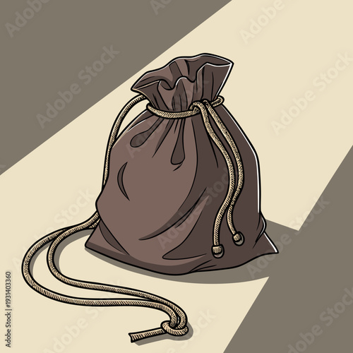 A simple drawstring pouch with a vibrant pink outline and string casting a shadow on a light background.
