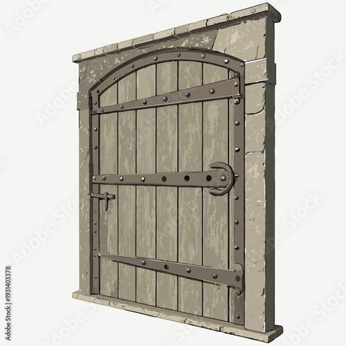 Ancient weathered wooden door with metal hinges and stone frame.