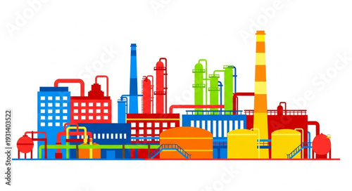 Colorful industrial factory complex with multiple buildings and smokestacks.