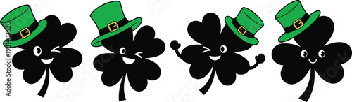 Four leaf clovers with green top hats vector illustration, lucky charm flat design, scalable art
