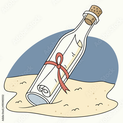 Message in a bottle washed ashore on a sandy beach.