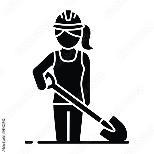 Female construction worker wearing hard hat holding shovel for digging ground site labor industry professional manual work icon