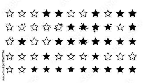 65 modern black star icons vector set for ratings, web, and UI design