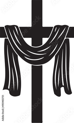Simple black cross with draped cloth illustration symbol