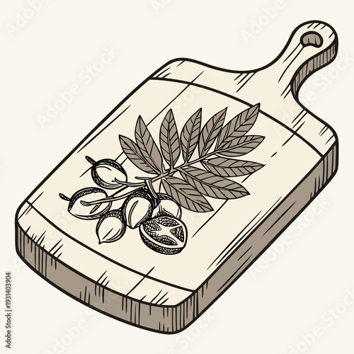 Wooden Cutting Board with Walnut Branch and Nuts Illustration.