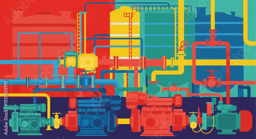 Industrial pumps and pipelines in a factory setting.