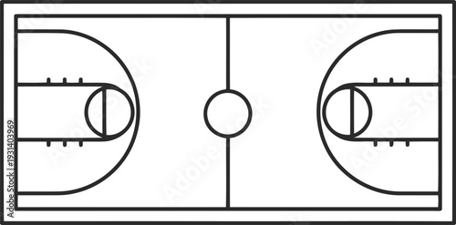 Top down view of a basketball court layout with lines and markings in a simple line art style