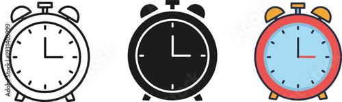 Three retro alarm clocks time management vector illustration set